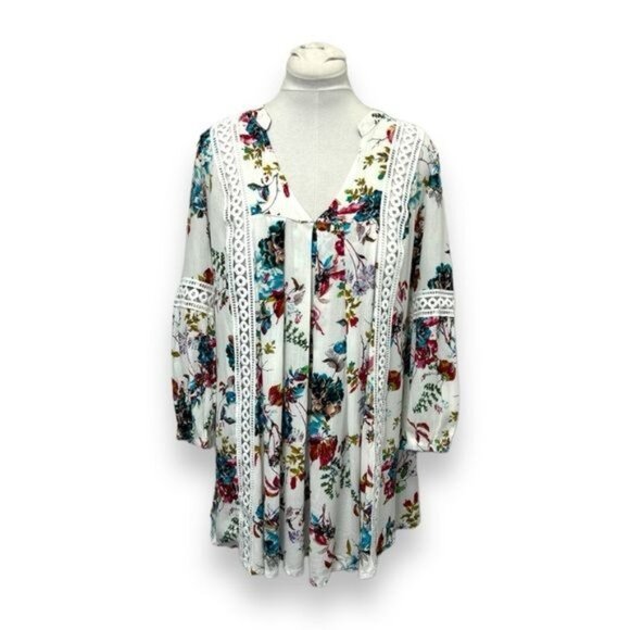 Women’s 3/4 Sleeve V Neck Floral with Lace Boho Tunic, White Floral, size OS - Picture 1 of 7